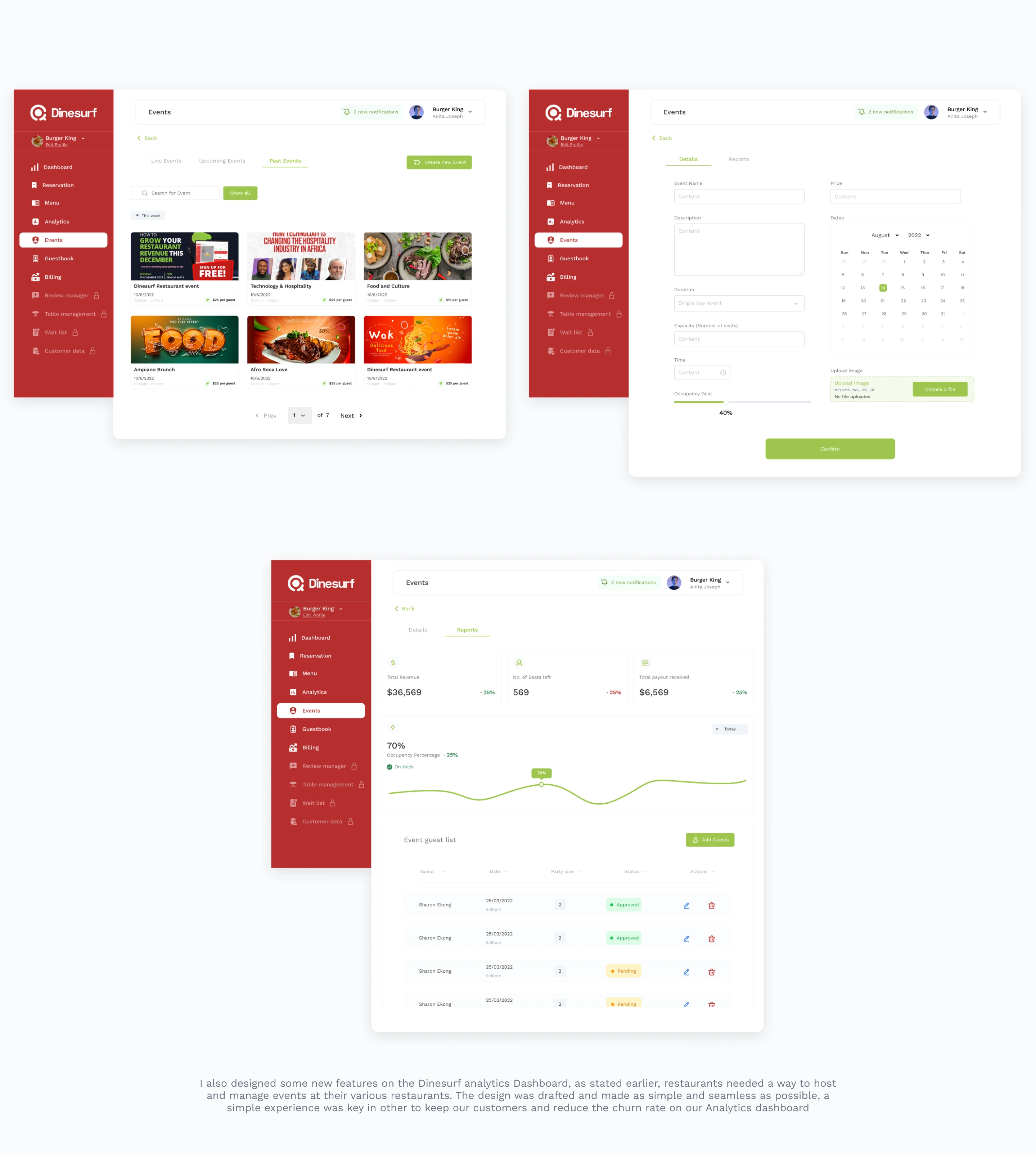 Dinesurf additional menu and reservation redesign screens