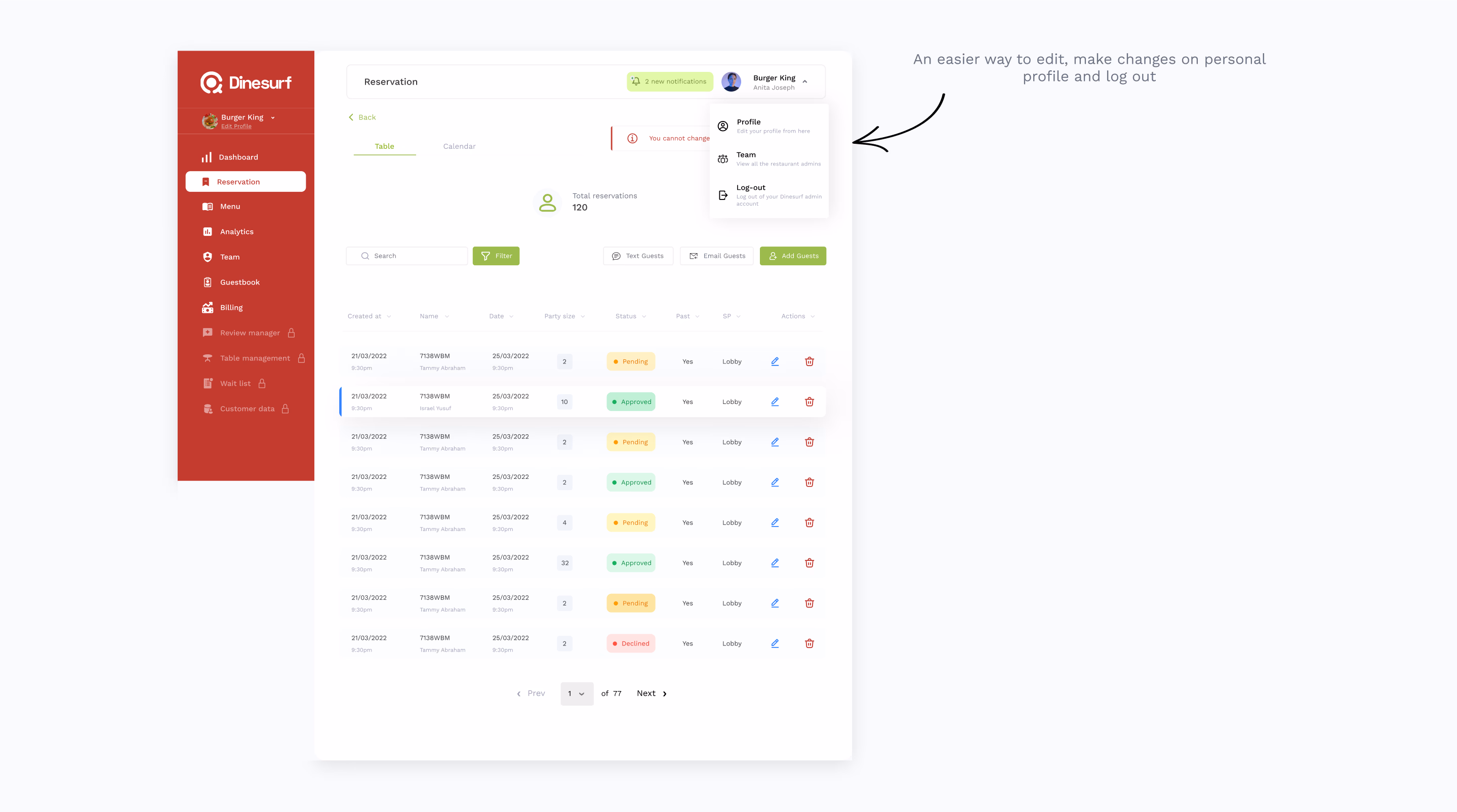 Dinesurf profile editing redesign