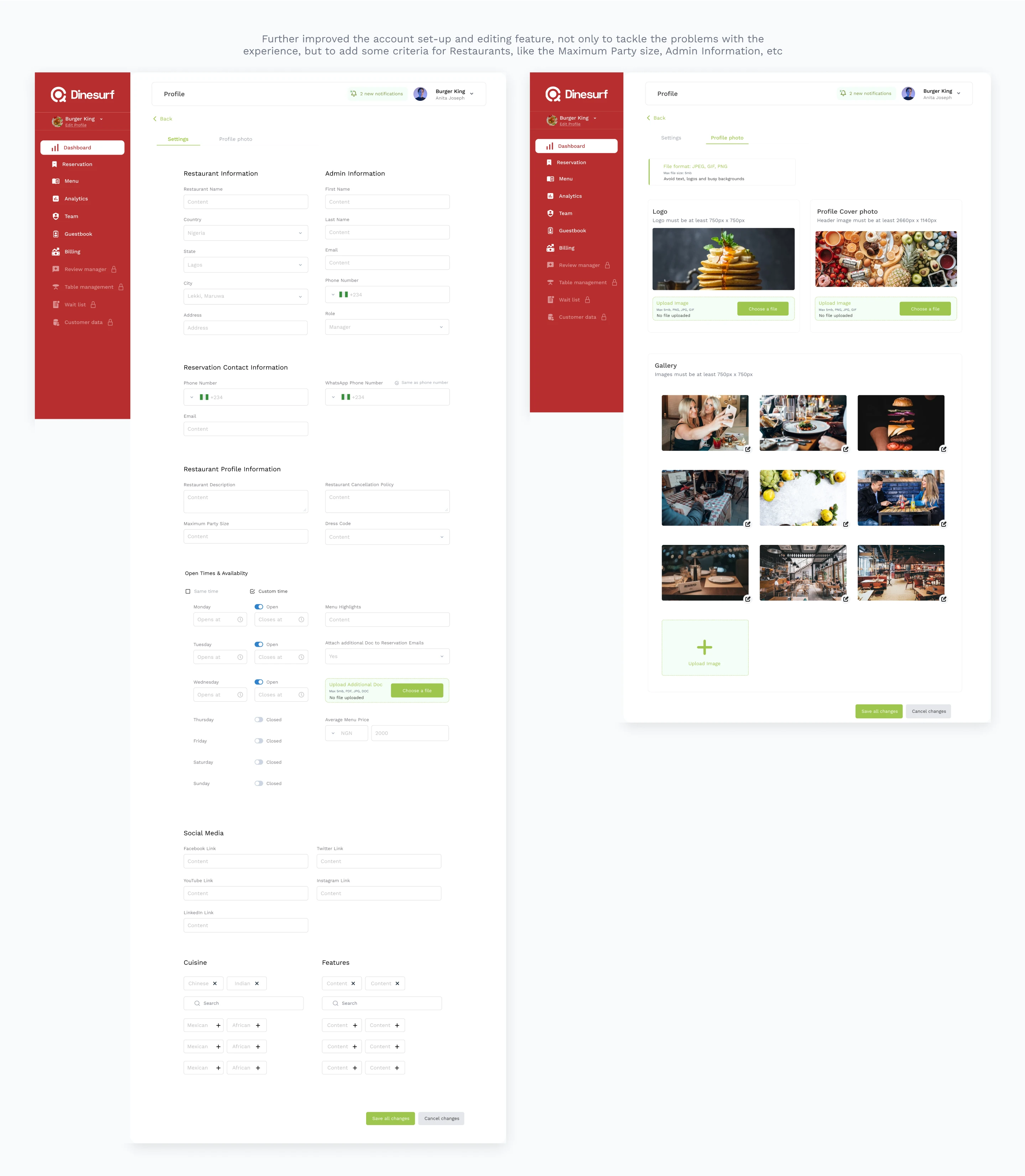 Dinesurf additional dashboard redesign screens