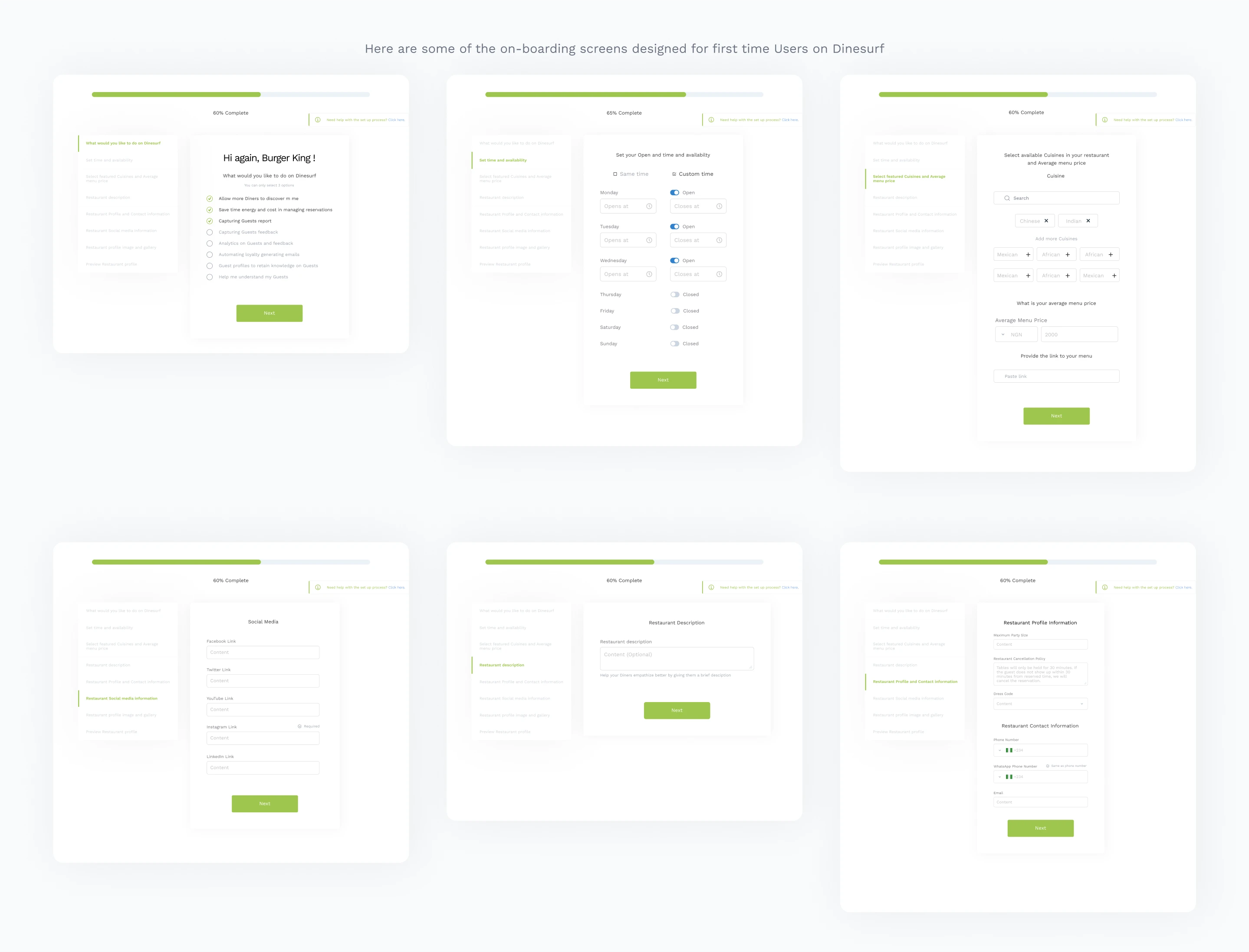 Dinesurf onboarding flow screens