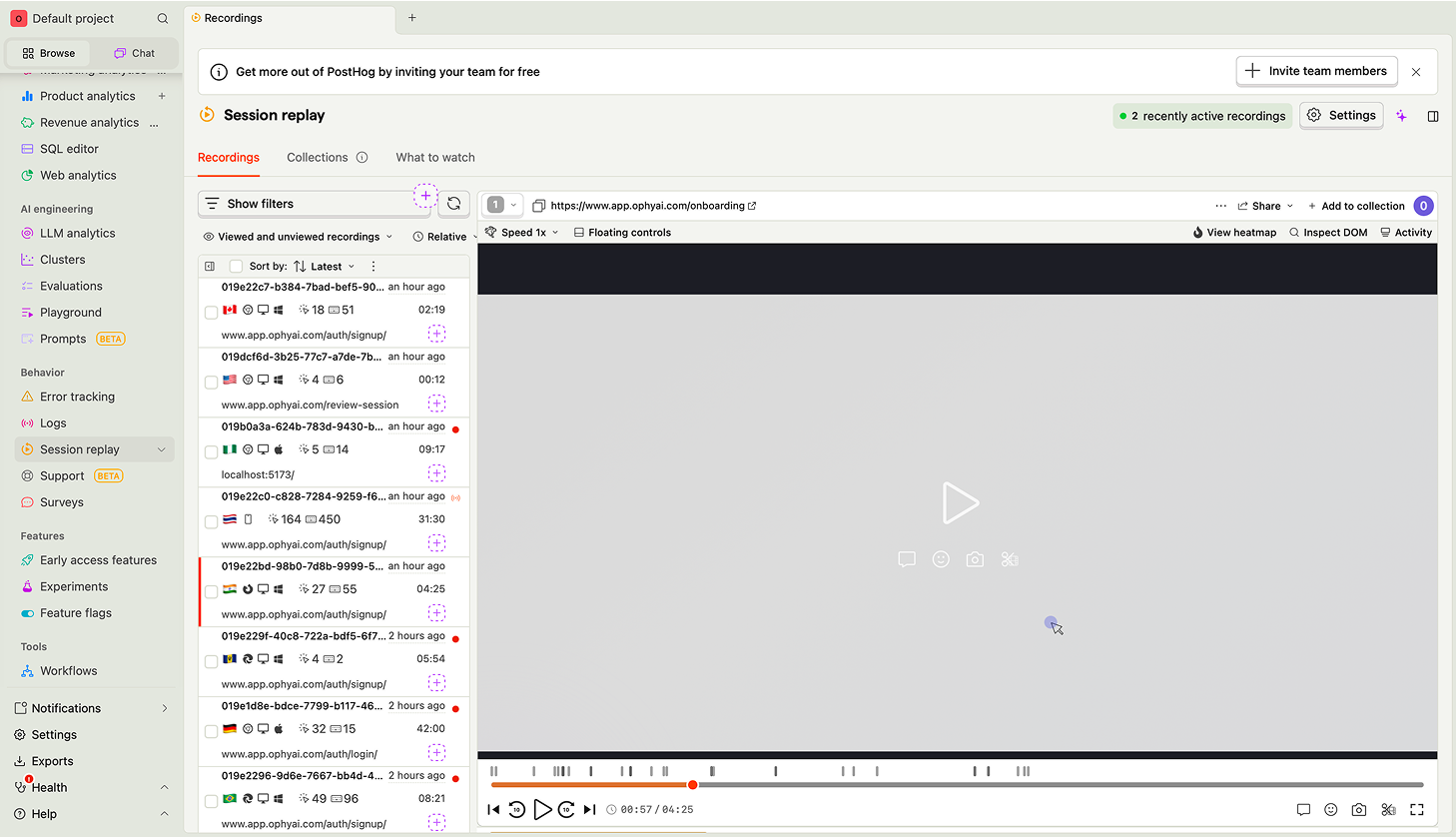 PostHog analytics snapshot for OphyAI